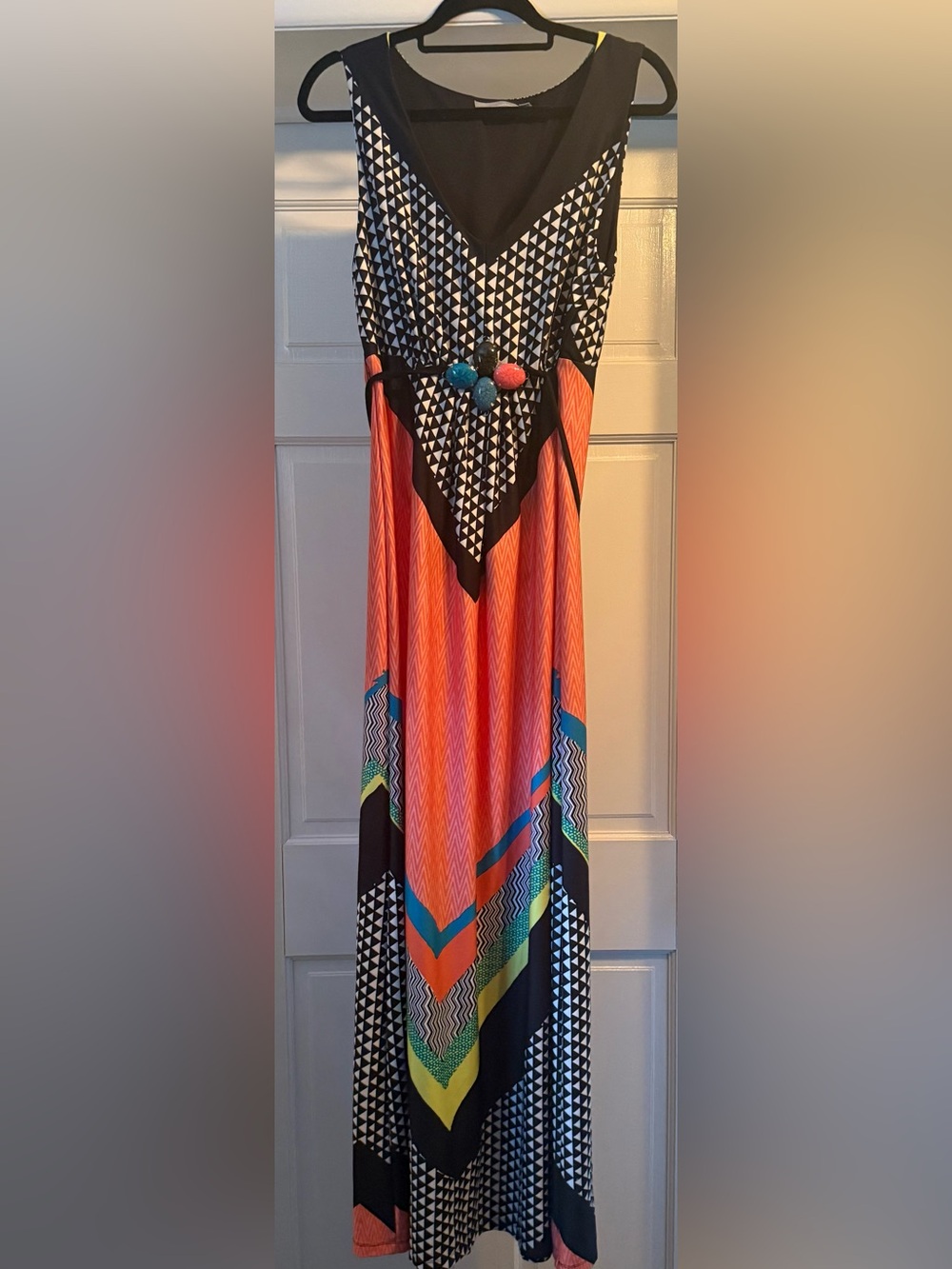 Vibrant Orange Geo Maxi Dress with Black & Teal Accents